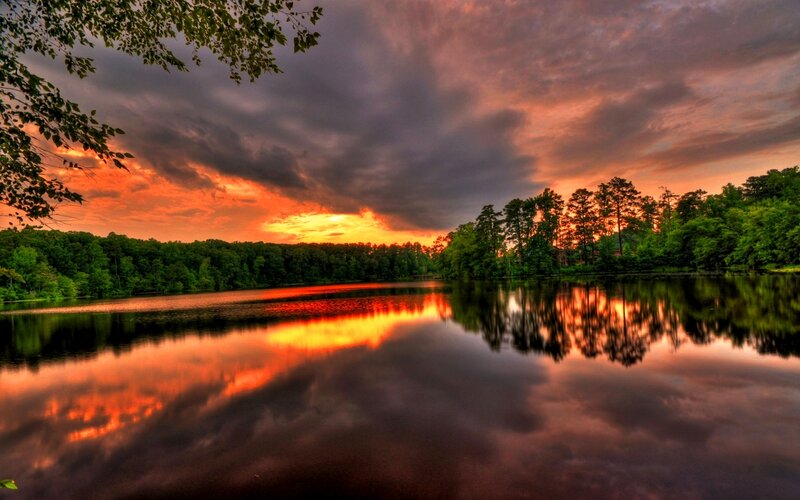 Sunset over Lake — Orange, Dramatic, Photograph, Trees, Sky, Reflection