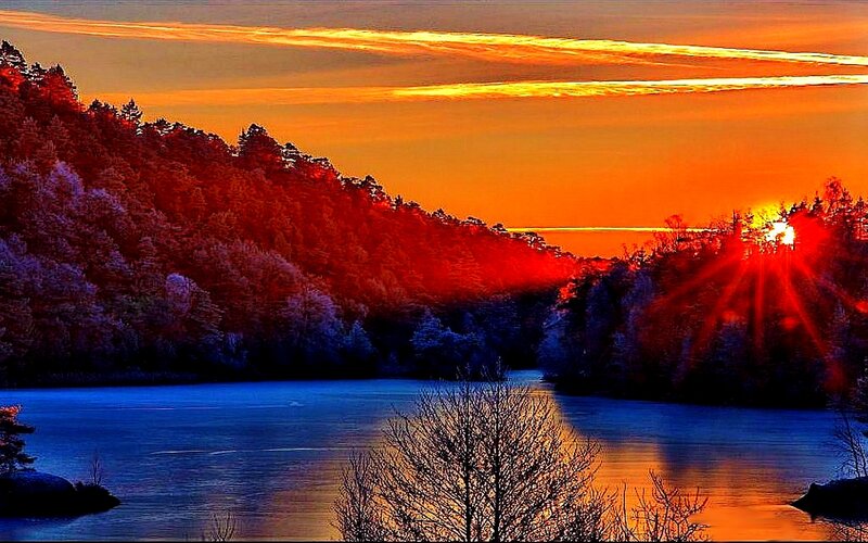 Sunset over Lake — Orange, Dramatic, Photograph, Trees, Sky, Sun, Blue