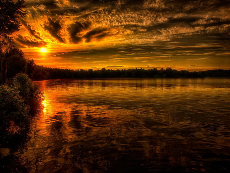 Sunset over Lake — Orange, Dramatic, Photograph, Trees, Sky, Sun