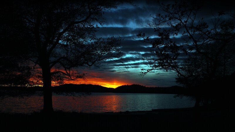 Sunset over Lake — Orange, Dramatic, Photograph, Trees, Sky, Water, Blue