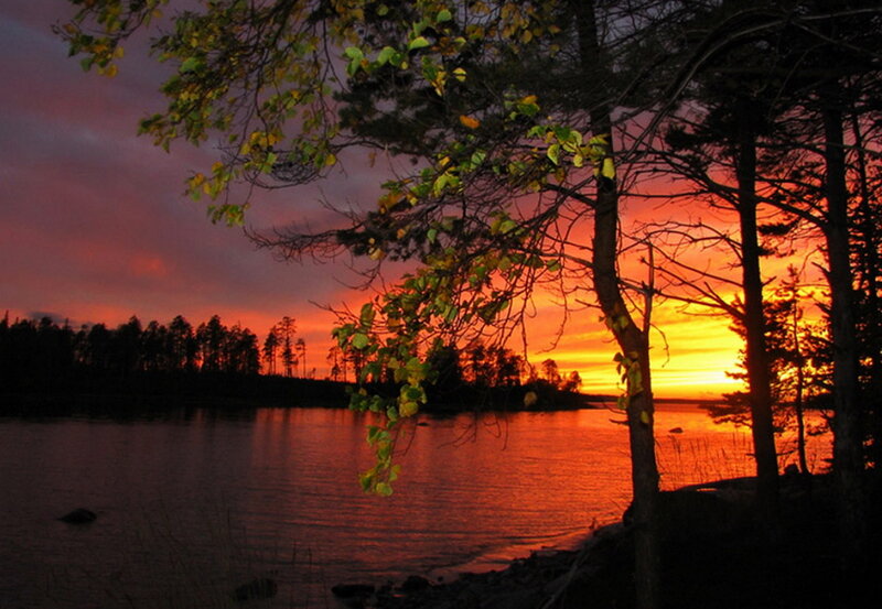Sunset over Lake — Orange, Dramatic, Photograph, Trees, Sky, Water, Forest