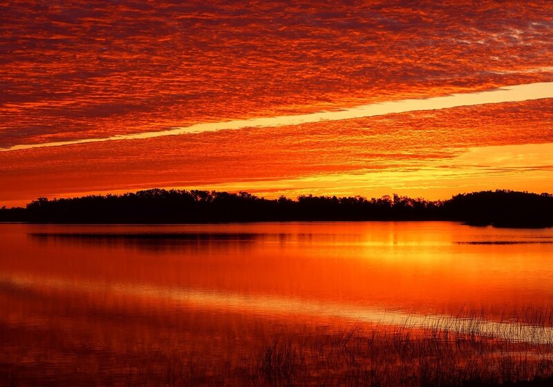 Sunset over Lake — Orange, Dramatic, Photograph, Trees, Sky, Water, Red