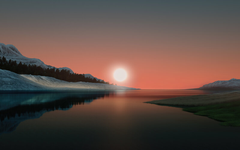 Sunset over Lake — Orange, Serene, 3d Render, Mountain