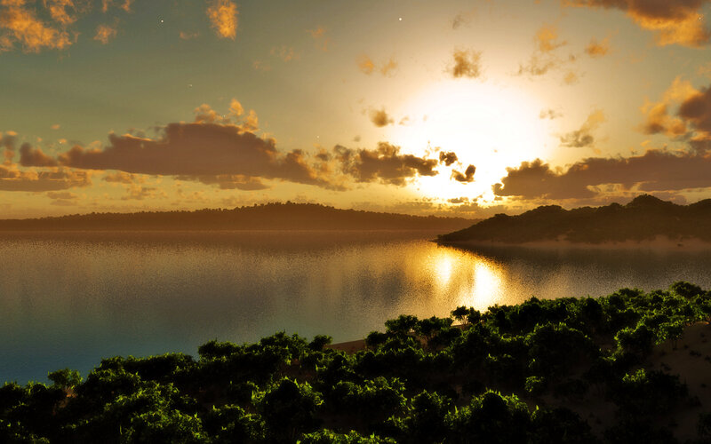 Sunset over Lake — Orange, Serene, 3d Render
