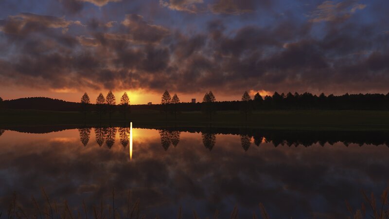 Sunset over Lake — Orange, Serene, 3d Render, Trees, Clouds