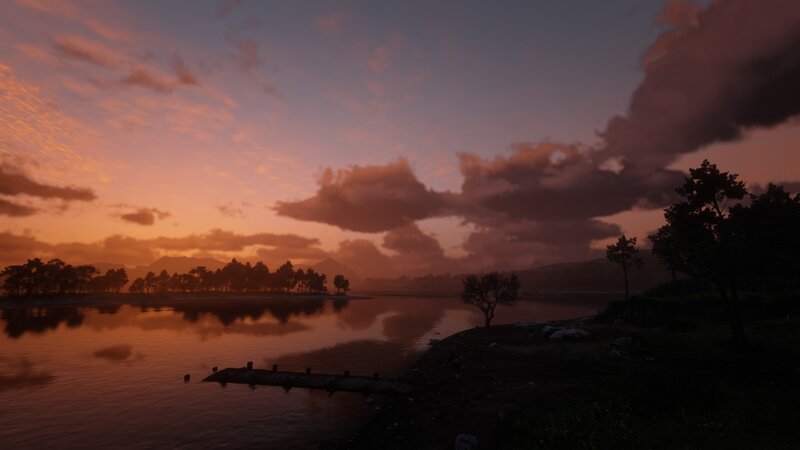 Sunset over Lake — Orange, Serene, 3d Render, Trees, Dock