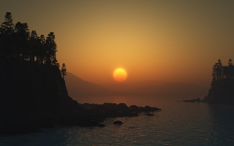 Sunset over Lake — Orange, Serene, 3d Render, Trees