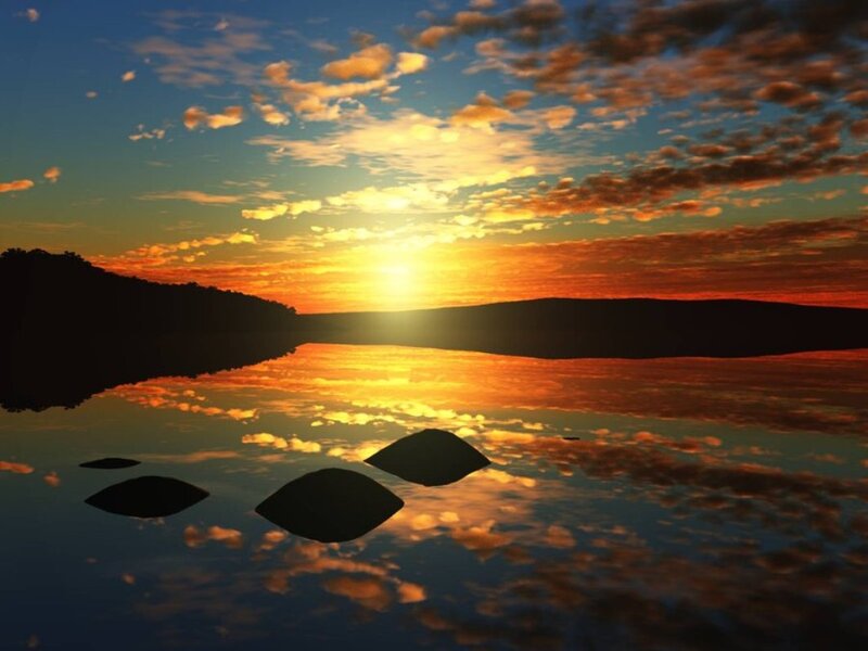Sunset over Lake — Orange, Serene, Digital Art, Clouds