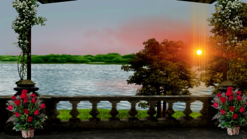 Sunset over Lake — Orange, Serene, Digital Art, Flowers