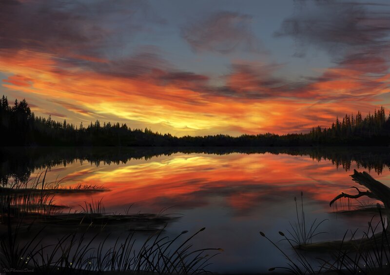 Sunset over Lake — Orange, Serene, Digital Art, Forest