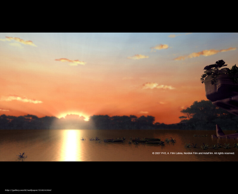 Sunset over Lake — Orange, Serene, Digital Art, Sky