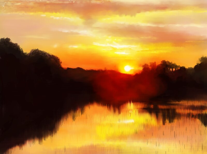 Sunset over Lake — Orange, Serene, Digital Art, Sun