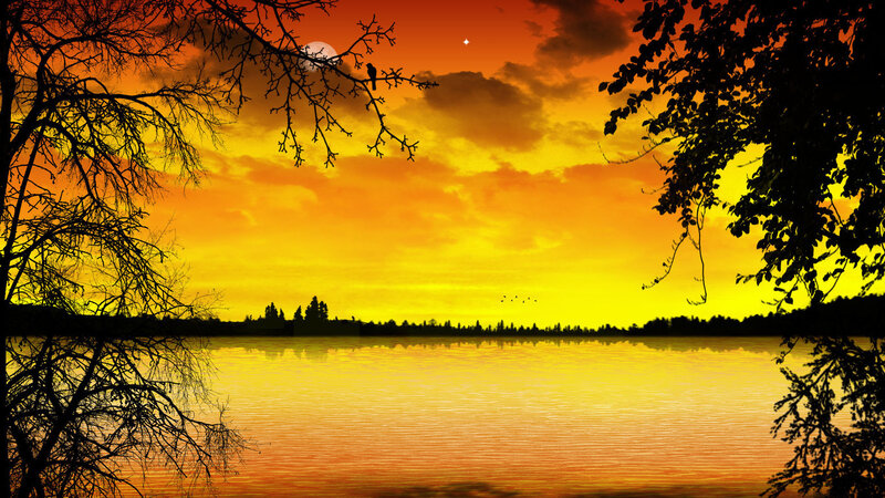 Sunset over Lake — Orange, Serene, Digital Art