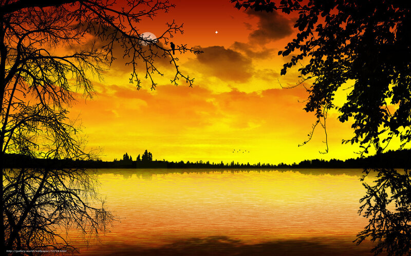 Sunset over Lake — Orange, Serene, Digital Art, Tree Branches