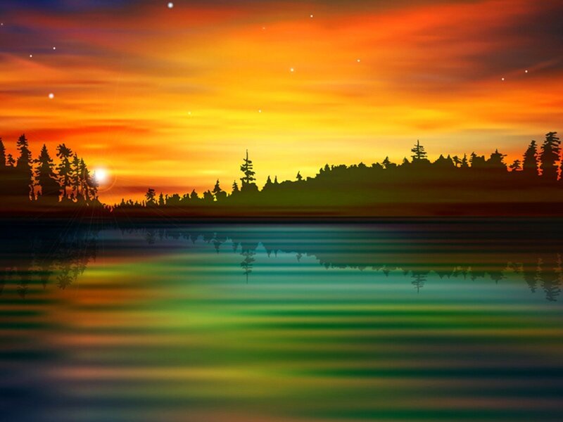 Sunset over Lake — Orange, Serene, Digital Art, Trees, Sun