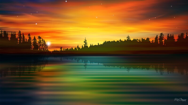 Sunset over Lake — Orange, Serene, Digital Art, Trees