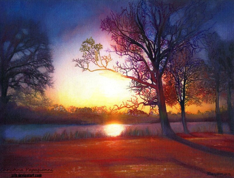Sunset over Lake — Orange, Serene, Painting, Trees