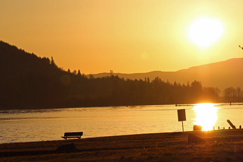 Sunset over Lake — Orange, Serene, Photograph, Bench