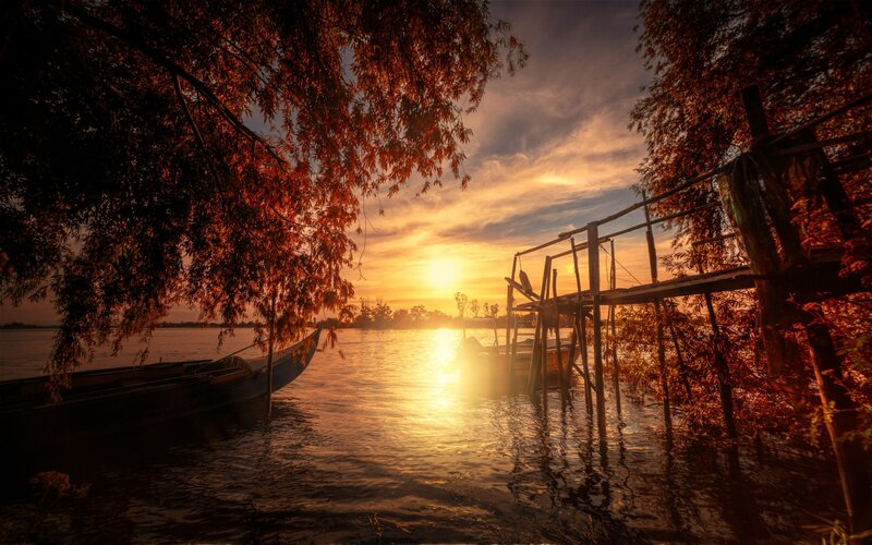 Sunset over Lake — Orange, Serene, Photograph, Boat, Dock