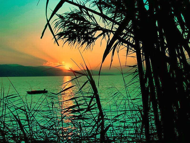 Sunset over Lake — Orange, Serene, Photograph, Boat