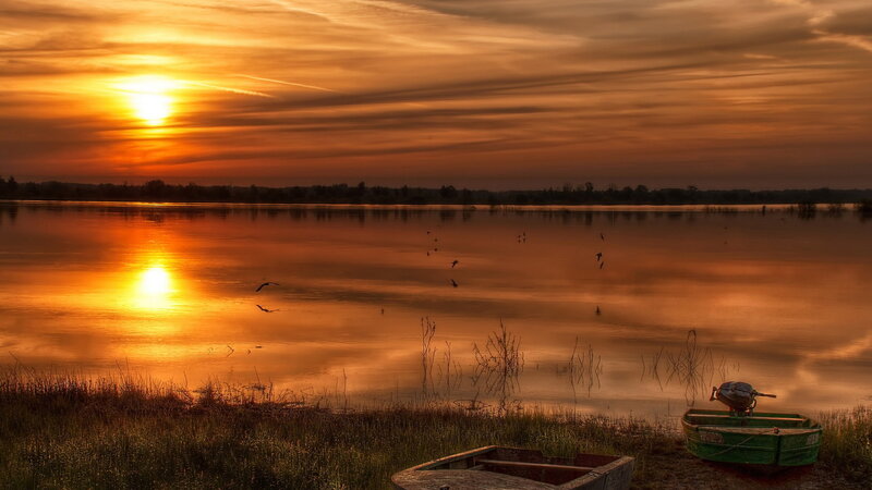 Sunset over Lake — Orange, Serene, Photograph, Boats