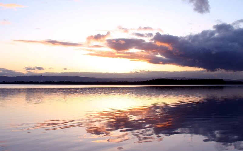 Sunset over Lake — Orange, Serene, Photograph, Clouds, Mountains, Reflection