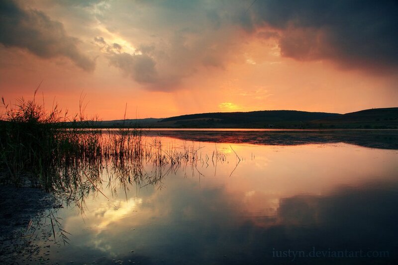 Sunset over Lake — Orange, Serene, Photograph, Clouds, Reeds, Hills