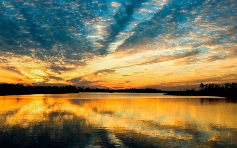 Sunset over Lake — Orange, Serene, Photograph, Clouds, Trees, Reflection