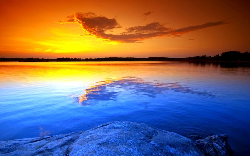 Sunset over Lake — Orange, Serene, Photograph, Clouds, Trees, Rock