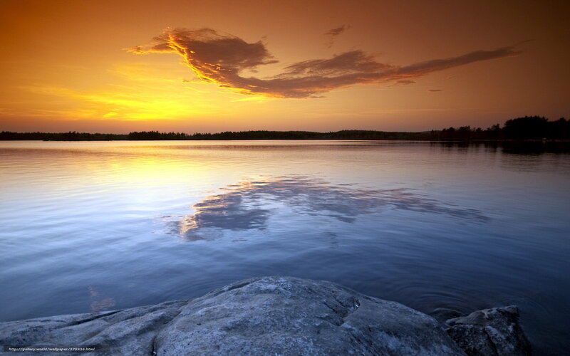 Sunset over Lake — Orange, Serene, Photograph, Clouds, Trees, Rocks