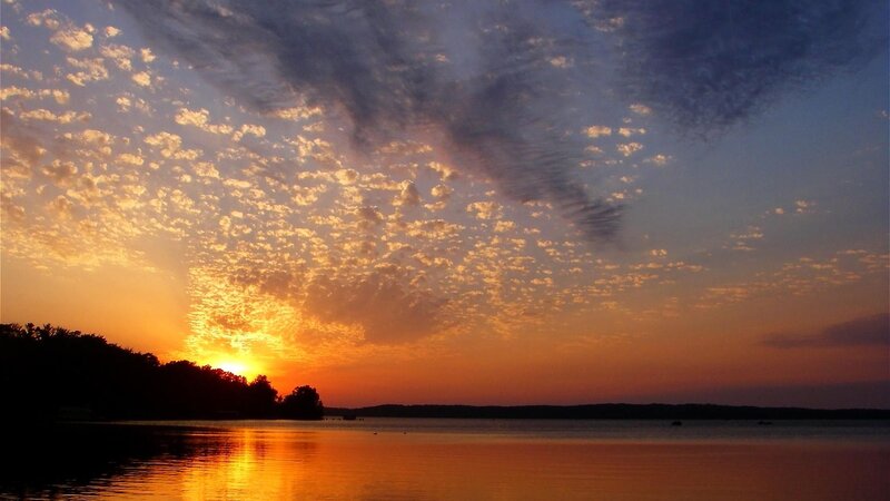 Sunset over Lake — Orange, Serene, Photograph, Clouds, Trees, Sun