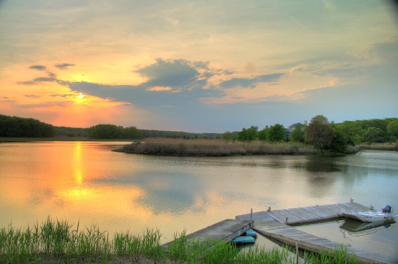 Sunset over Lake — Orange, Serene, Photograph, Dock