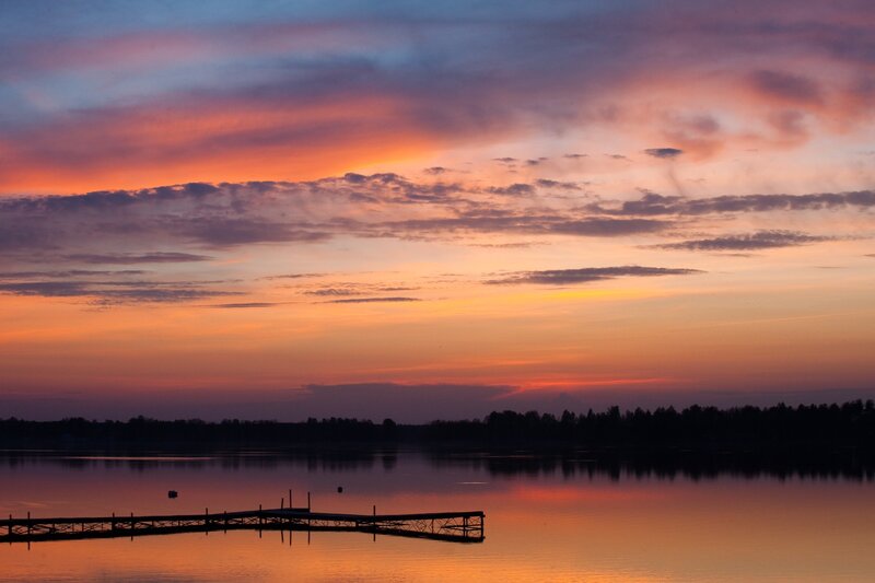Sunset over Lake — Orange, Serene, Photograph, Dock, Trees, Clouds