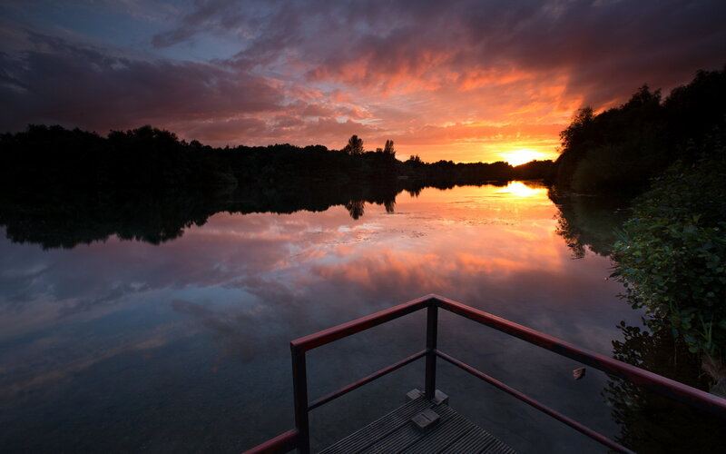 Sunset over Lake — Orange, Serene, Photograph, Dock, Trees