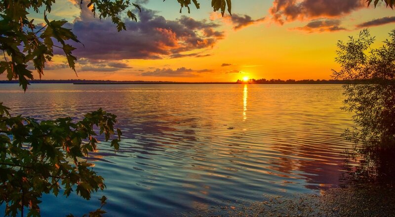Sunset over Lake — Orange, Serene, Photograph, Leaves