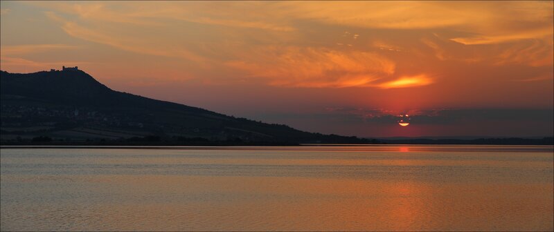 Sunset over Lake — Orange, Serene, Photograph, Mountain, Castle