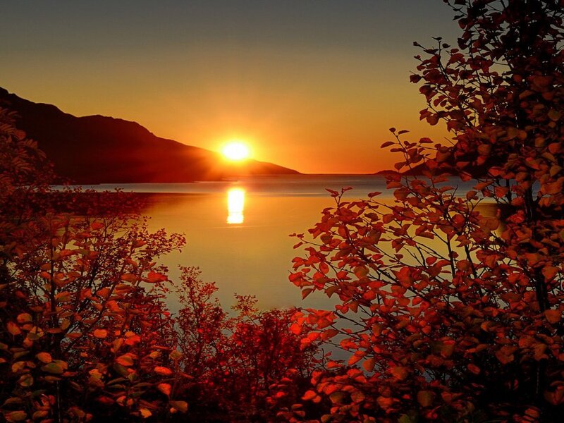 Sunset over Lake — Orange, Serene, Photograph, Mountain, Trees, Reflection