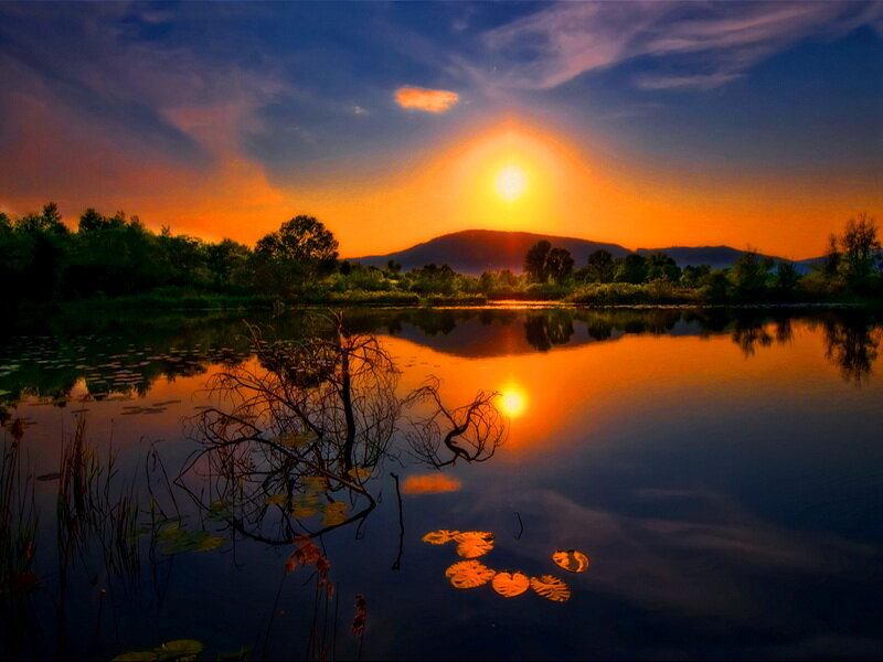 Sunset over Lake — Orange, Serene, Photograph, Mountain, Trees