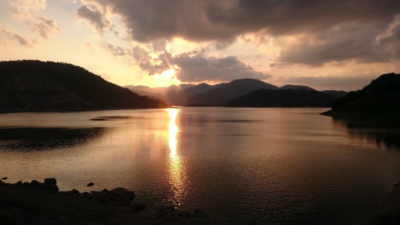 Sunset over Lake — Orange, Serene, Photograph, Mountains, Clouds, Reflection