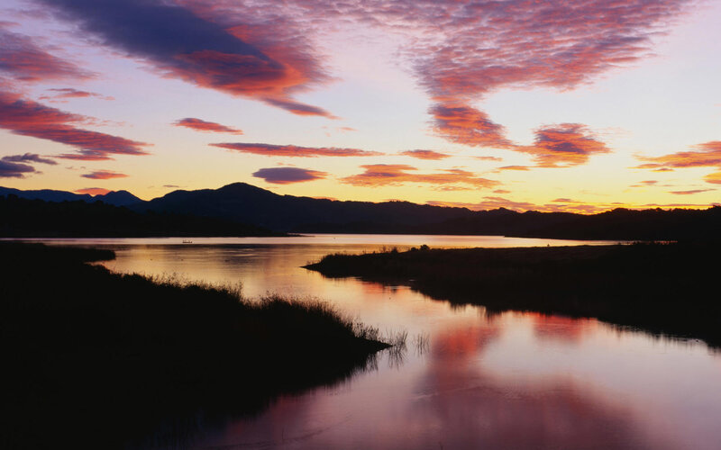 Sunset over Lake — Orange, Serene, Photograph, Mountains, Clouds