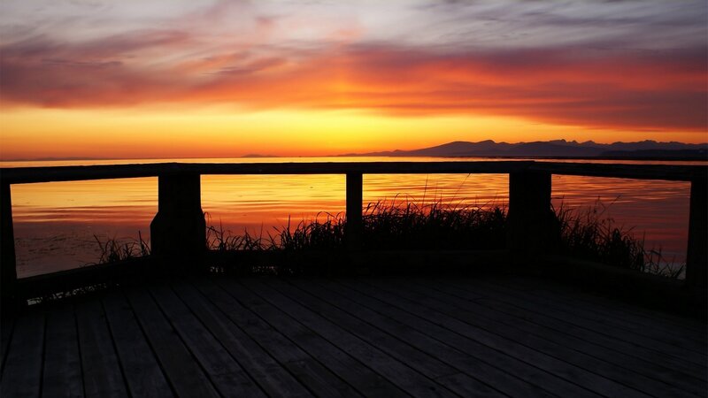 Sunset over Lake — Orange, Serene, Photograph, Mountains, Deck