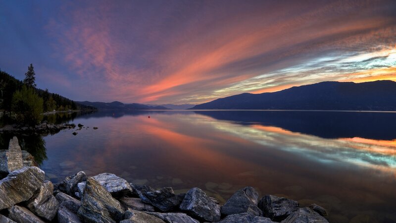 Sunset over Lake — Orange, Serene, Photograph, Mountains, Rocks, Trees