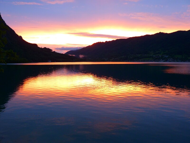 Sunset over Lake — Orange, Serene, Photograph, Mountains, Sky, Reflection
