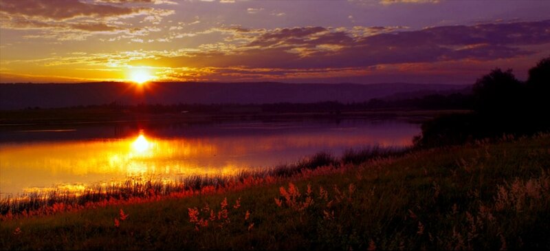 Sunset over Lake — Orange, Serene, Photograph, Mountains, Sky