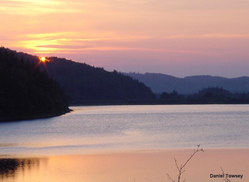 Sunset over Lake — Orange, Serene, Photograph, Mountains, Trees, Branch