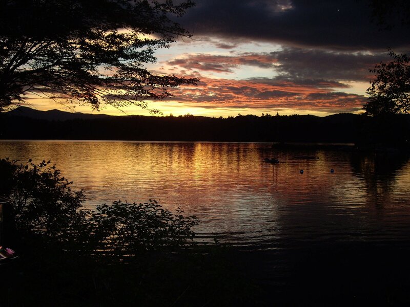 Sunset over Lake — Orange, Serene, Photograph, Mountains, Trees, Clouds