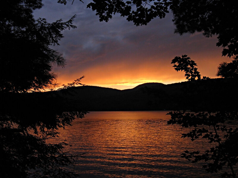 Sunset over Lake — Orange, Serene, Photograph, Mountains, Trees, Sky