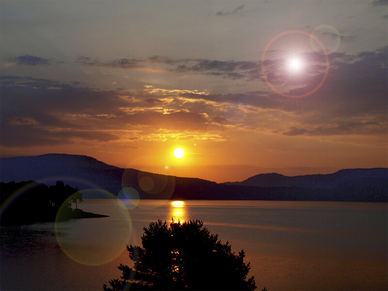 Sunset over Lake — Orange, Serene, Photograph, Mountains, Trees, Sun