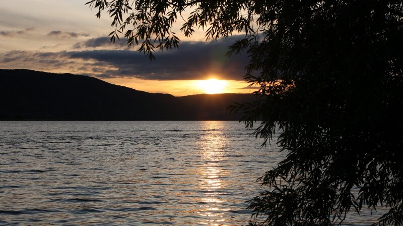 Sunset over Lake — Orange, Serene, Photograph, Mountains, Trees