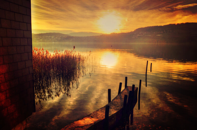 Sunset over Lake — Orange, Serene, Photograph, Reeds, Dock